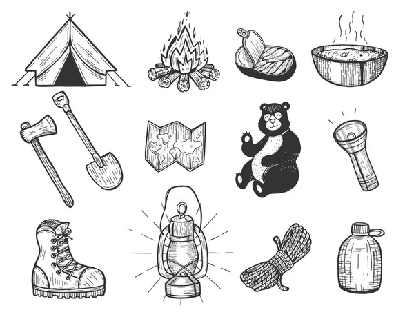 Illustration Vectorielle Décor Camping Tente Feu Joie Conservation Poisson Assiette — Image vectorielle