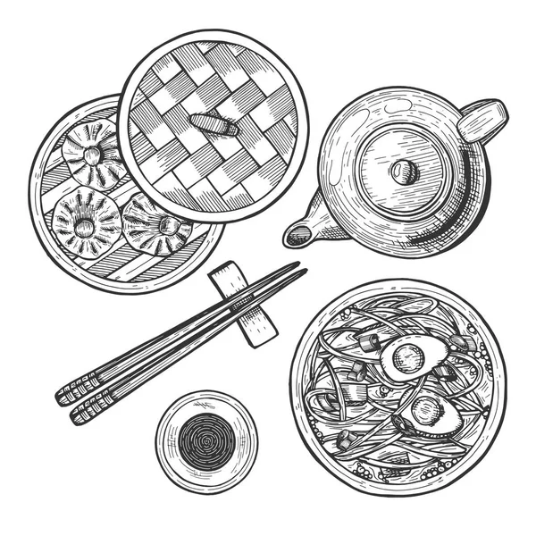 Векторная Иллюстрация Набора Китайской Кухни Меню Лапшой Дим Сам Корзина — стоковый вектор