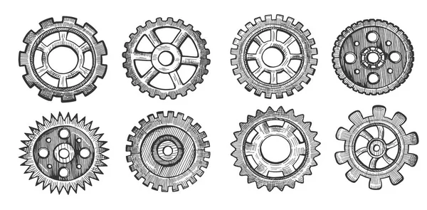 Ilustração Vetorial Conjunto Tecnologia Máquina Engrenagem Diferentes Tipos Formas Roda —  Vetores de Stock