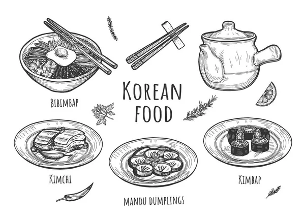 Collection of korean traditional dishes and tea — Stock Vector