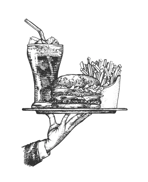 Burger s hranolky a limonádou na rukou číšníků — Stockový vektor