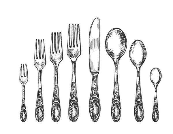 Vintage art nouveau sketch spoon, fork, knife — Stock Vector