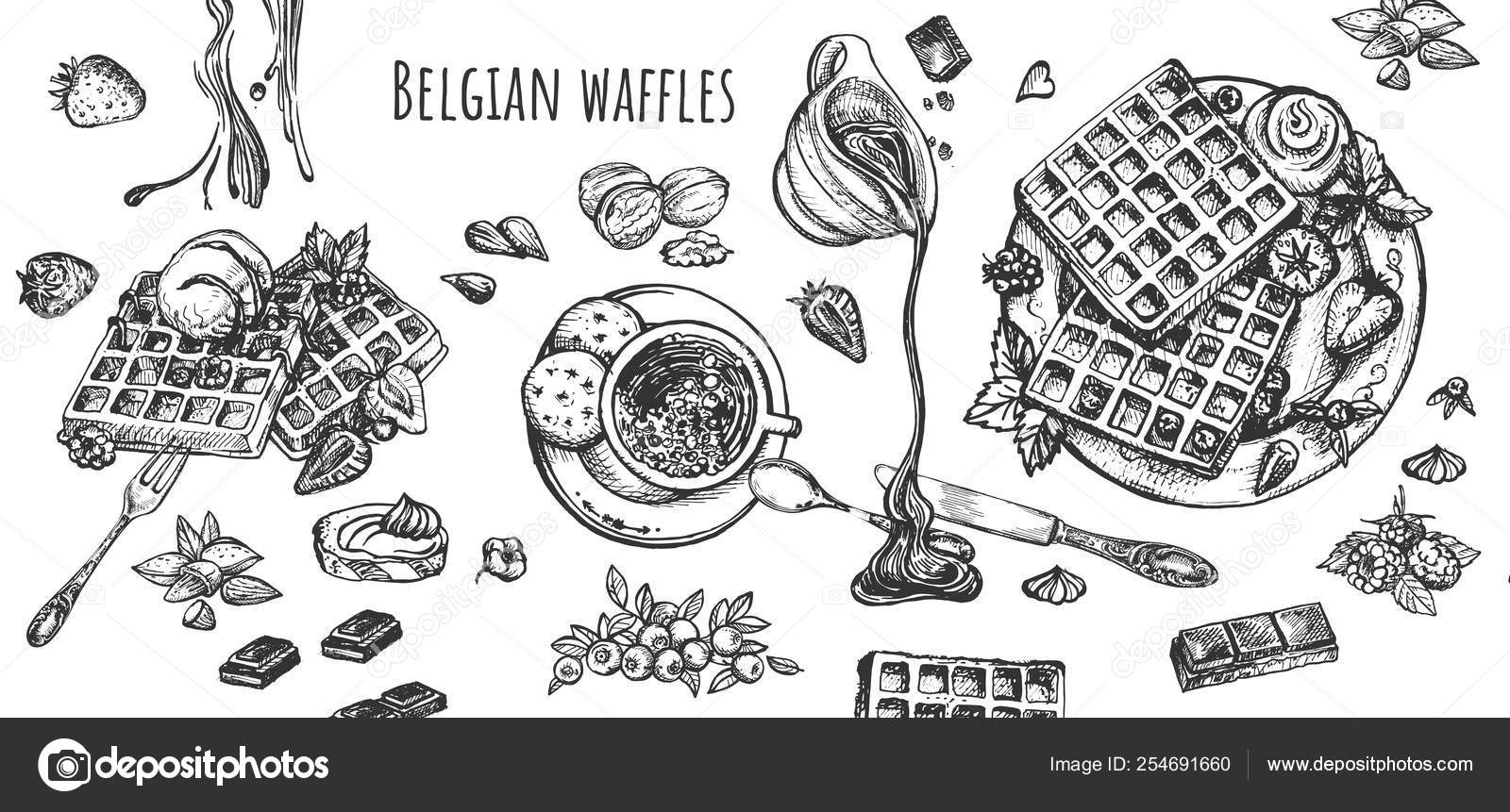 Belgian Waffles With Fruits And Sweet Drinks Set Stock Vector Image By C Istryistry