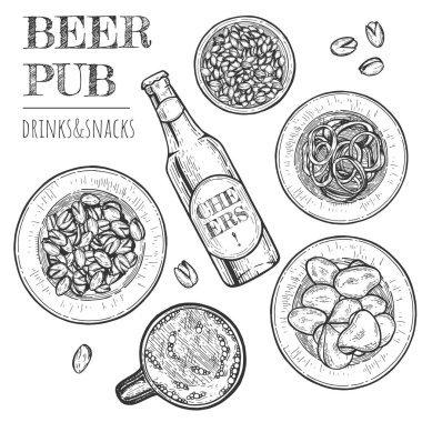 Elle çizilmiş bira pub ve favori atıştırmalar ayarla