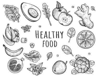 Meyve ve sebzeler kompozisyon elle çizilmiş Stil kümesi