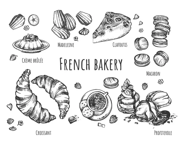 Set of fresh baked french sweet desserts — Stock Vector