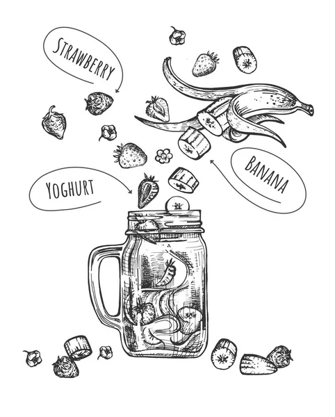 과일 세트와 신선한 스무디 클래식 제조 법 — 스톡 벡터