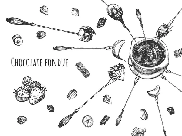 Fondue de fruta de chocolate levitante — Vector de stock