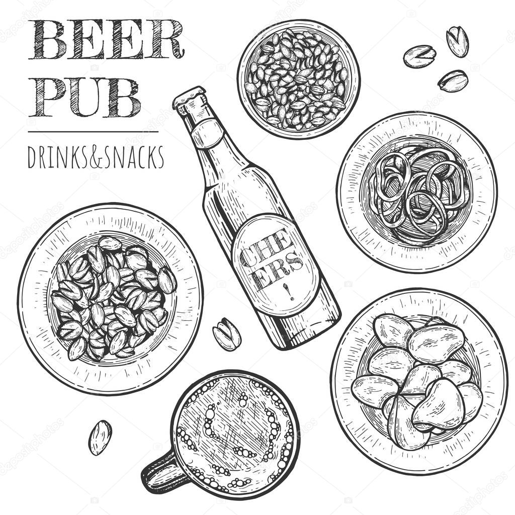 Hand drawn beer pub and favorite snacks set