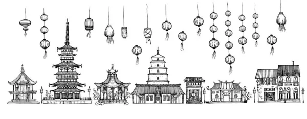 Traditional pagoda and lanterns set — Stock Vector