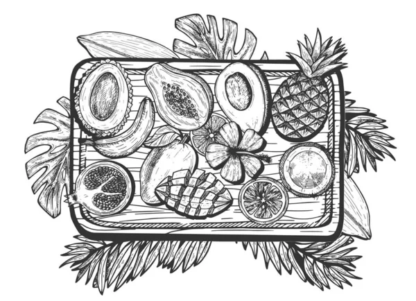 Frutos exóticos em conjunto de bandeja de madeira — Vetor de Stock