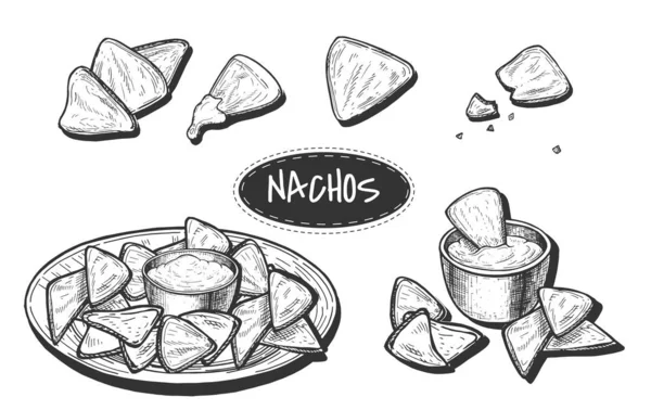 Mexicaanse nacho's schets stijl set — Stockvector