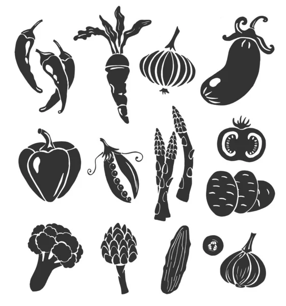 Conjunto de plantillas de verduras negras — Archivo Imágenes Vectoriales