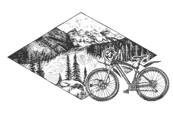 Montañas paisaje y deporte conjunto de bicicletas — Vector de stock