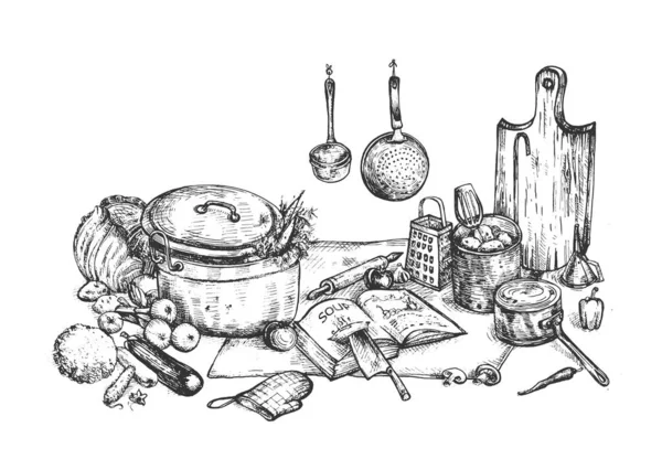 Cocina casera bodegón ilustración — Vector de stock