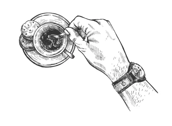 素描咖啡杯在休闲男性手 — 图库矢量图片