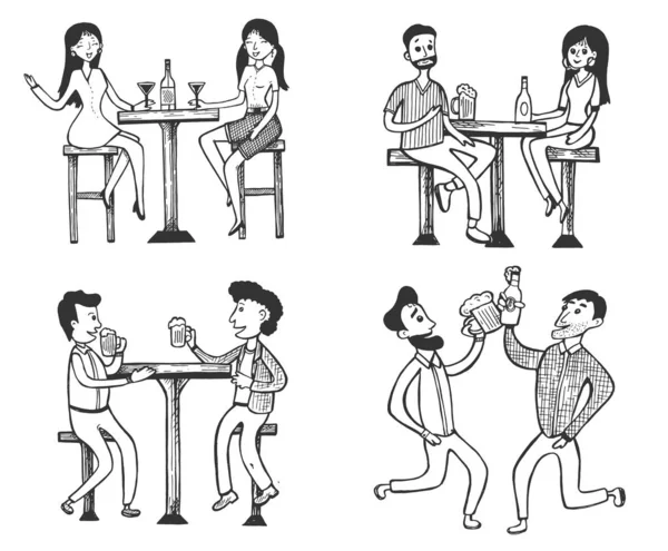 Hombres y mujeres reunidos, bebiendo en el bar — Vector de stock