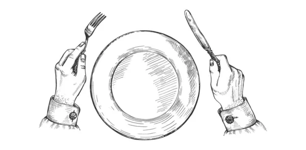 Mains tient fourchette et couteau en argent — Image vectorielle