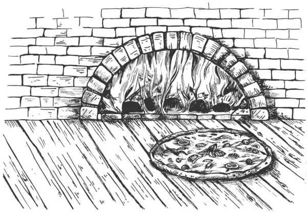 Pizza på ved ugn bakgrund — Stock vektor