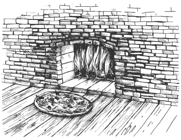Pizza sur fond de four à bois — Image vectorielle