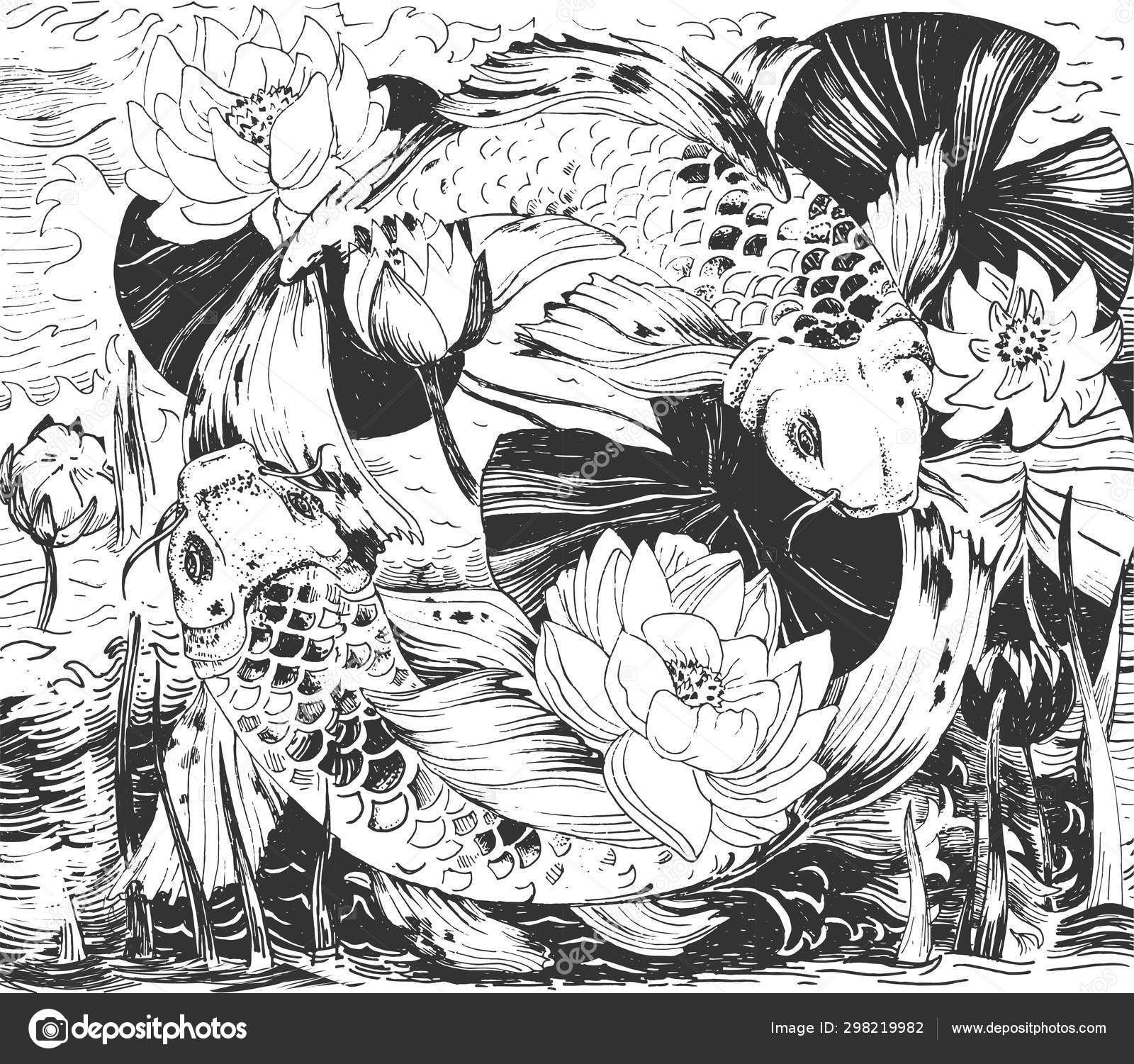 Image vectorielle Fleurs japonaises, poisson motif sans couture par  ©istryistry - 298219982, image size:1600x1501