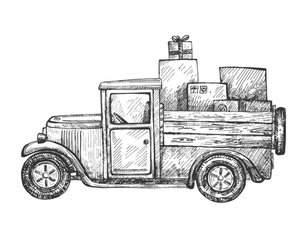 Camion de livraison dessiné à la main avec colis — Image vectorielle