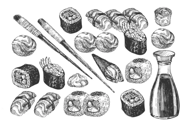 Set de comida japonesa de sushi y rollos — Vector de stock