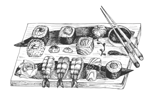Sushi japonais et rouleaux nature morte — Image vectorielle