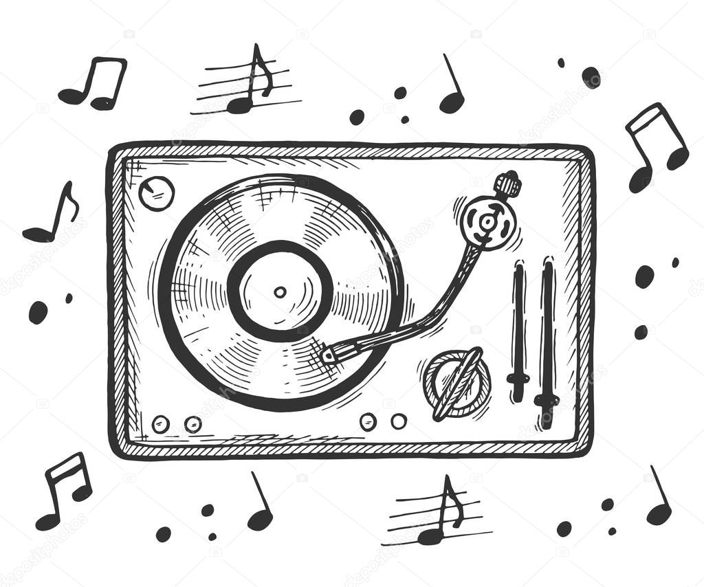 Vector illustration of old audio disc, DJ player, music logo. Vinyl record on turntable top view doodle icon. Musical notes. Vintage hand drawn style.