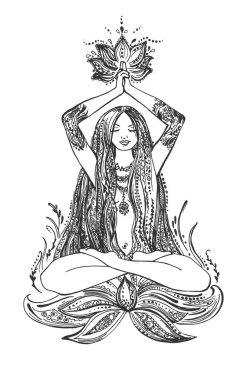 Lotus pozisyonunda meditasyon yapan güzel bir kız.