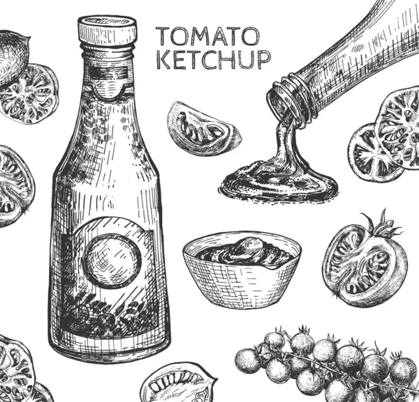 Ketchup de tomate, legumes ainda vida — Vetor de Stock