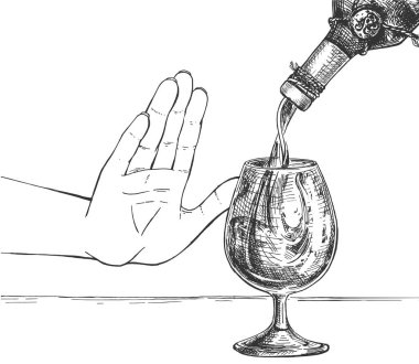 Alkol içmeyi reddeden bir elin dur işaretini gösteren vektör çizimi. Şarap kadehi ve şişe. Sağlıklı yaşam tarzı kararı. Klasik el çizimi oyma biçimi.