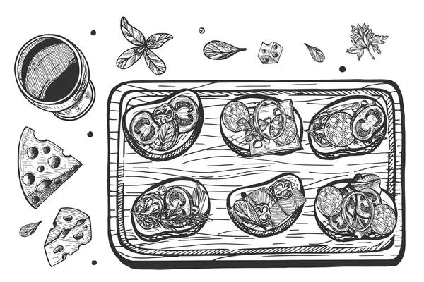 Illustration Vectorielle Dessinée Main Une Tapas Mexicaine Sandwichs Bruschetta Italiens — Image vectorielle