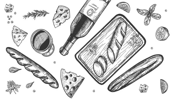 酒杯和面包的矢量图解静止不动 芝士片在木板上 古色古香的手绘雕刻风格 — 图库矢量图片