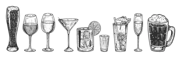 Ilustração Vetorial Diferentes Tipos Óculos Bebida Longa Alta Peso Cerveja — Vetor de Stock