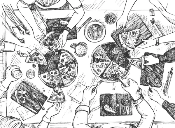 Illustration Vectorielle Restaurant Pizza Vue Dessus Les Gens Groupe Amis — Image vectorielle