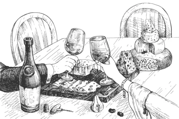 Vector Illustration Couple Restaurant Wine Degustation Date Glasses Clinking Celebrating — Stock Vector