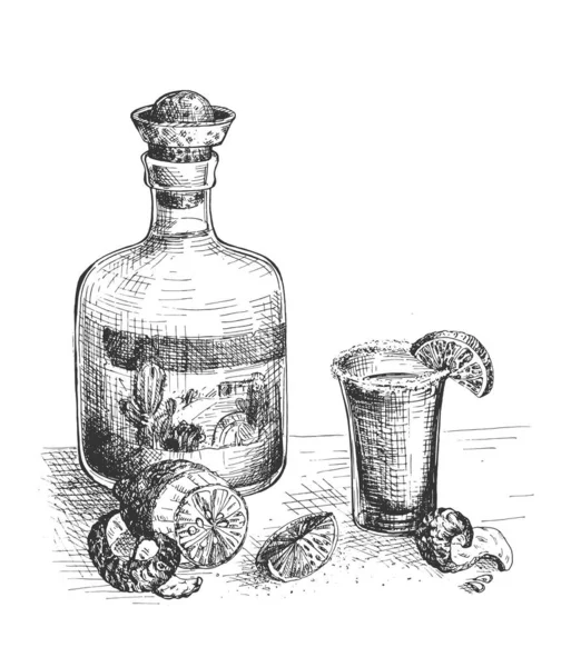 Illustration Vectorielle Une Bouteille Spirite Tequila Avec Capuchon Chapeau Sombrero — Image vectorielle