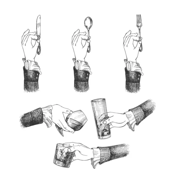 Διάνυσμα Απεικόνιση Γυναικείων Χεριών Μαχαιροπήρουνα Και Ποτήρια Μαχαίρι Βουτύρου Κουτάλι — Διανυσματικό Αρχείο