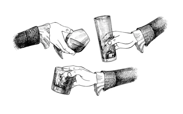 Vektorillustration Einer Weiblichen Hand Mit Verschiedenen Brillen Hohe Longdrink Whiskey — Stockvektor