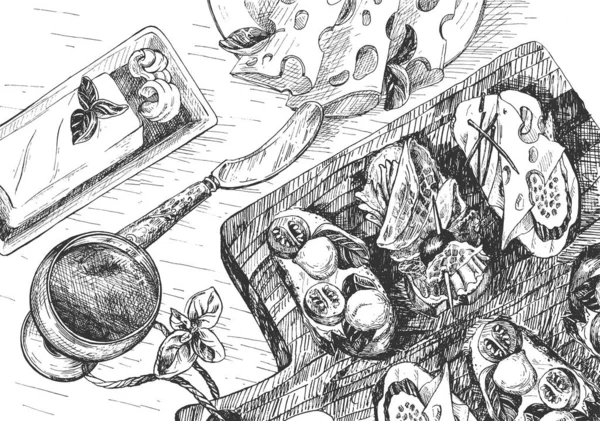 Векторна Рука Малювала Ілюстрації Мексіканських Тапас Або Італійських Сендвічів Брушетти — стоковий вектор