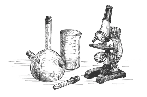 Vektorillustration Einer Laborausrüstung Mikroskop Und Ein Bündel Reagenzgläser Und Becher — Stockvektor