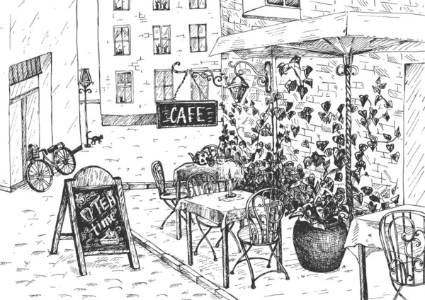 Vektor Illustration Des Alten Vintage Cafés Außenbereich Mit Verzierten Stühlen — Stockvektor