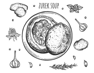 Yulaf ezmesi, yumurta, sebze, yeşillik ve baharatlı Zurek çorbasının resmedilmiş hali. Beyaz arkaplanda izole.