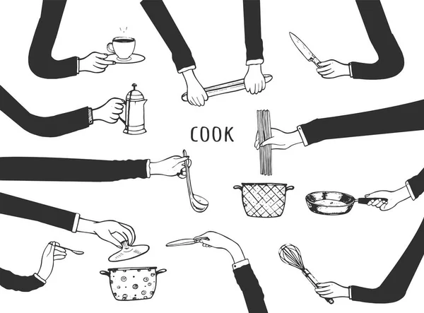 Εικονογράφηση Διάνυσμα Των Χεριών Μαγειρικής Κουζίνας Εστιατόριο Όπλα Μενού Κρατώντας — Διανυσματικό Αρχείο
