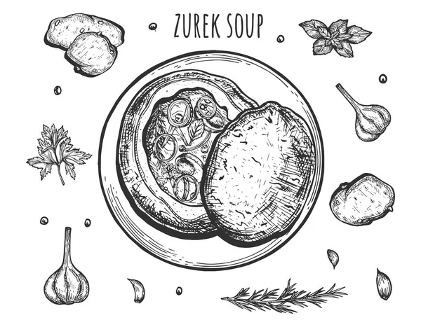 Vetor Mão Desenhada Ilustração Aveia Polonês Zurek Sopa Com Ovos —  Vetores de Stock