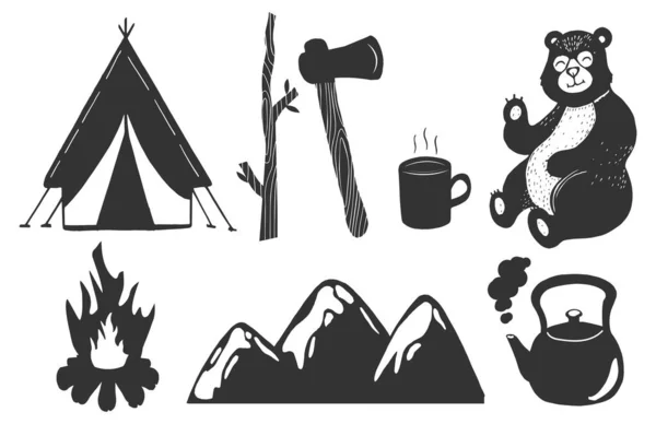 Illustration Vectorielle Décor Camping Tente Touristique Bois Chauffage Hache Tasse — Image vectorielle
