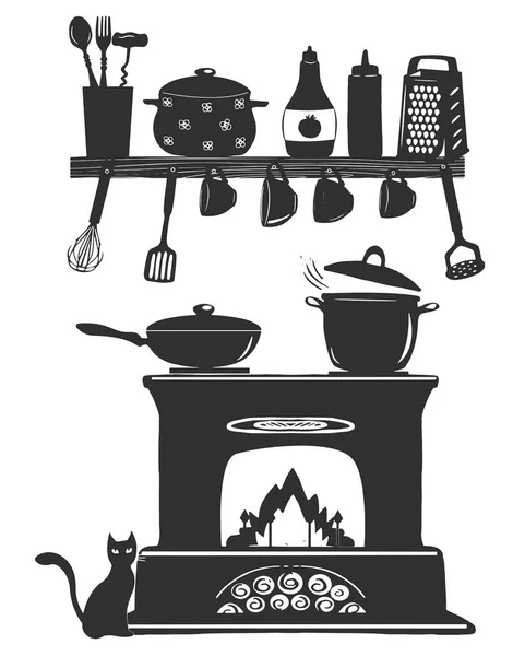 Векторна Ілюстрація Кухонного Каміна Спалювання Нагрівача Кухонною Тарілкою Горщику Сковородою — стоковий вектор