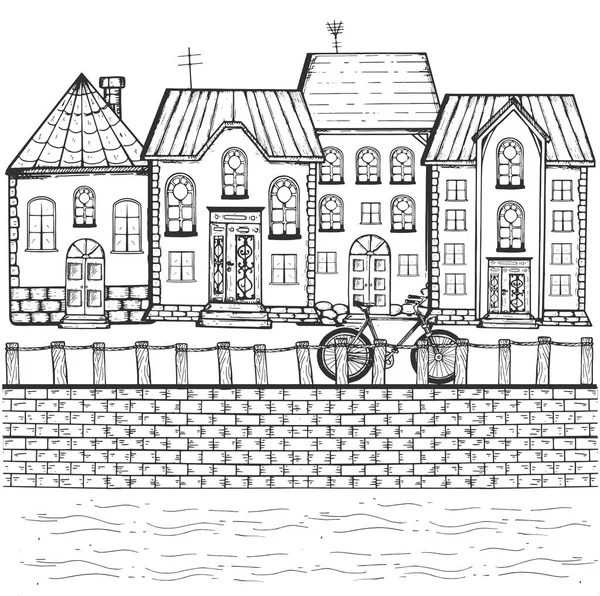 Векторна Рука Намальована Ілюстрація Невеликої Провінційної Вулиці Березі Річки Вінтажному — стоковий вектор