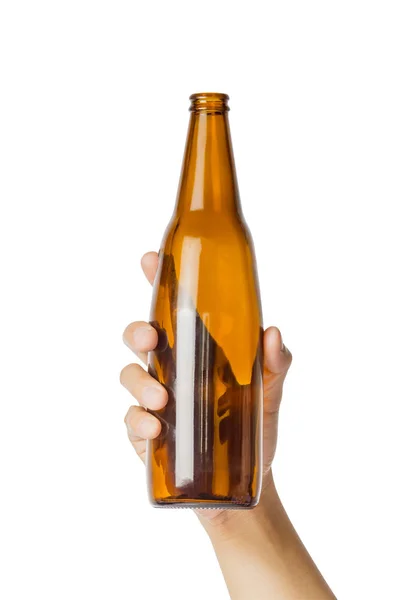 Mano Della Donna Tenendo Bottiglia Birra Vuota Trasparente Sfondo Bianco — Foto Stock